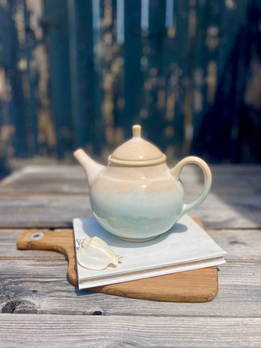 Pastel peach and blue ceramic handmade teapot