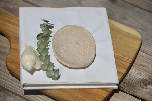 Beige oval ceramic trinket plate with floral design dislayed on white notebook on top of a wooden board with a shell next to it.