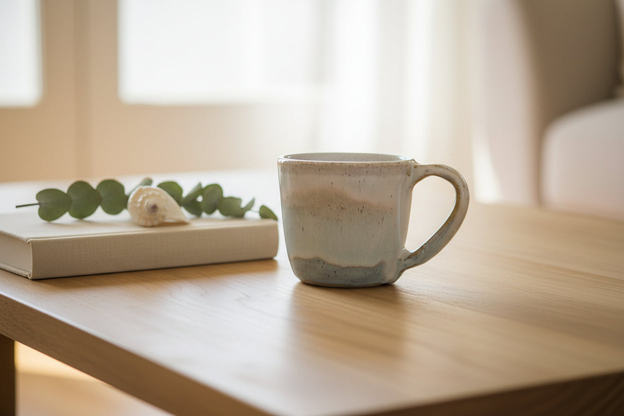 Sandy beige and blue ceramic mug