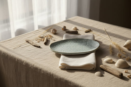 Handmade light blue oval ceramic side plate with a textured mandala design, displayed on a wooden surface.
