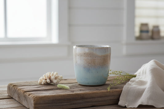Sandy beige and blue ceramic mug