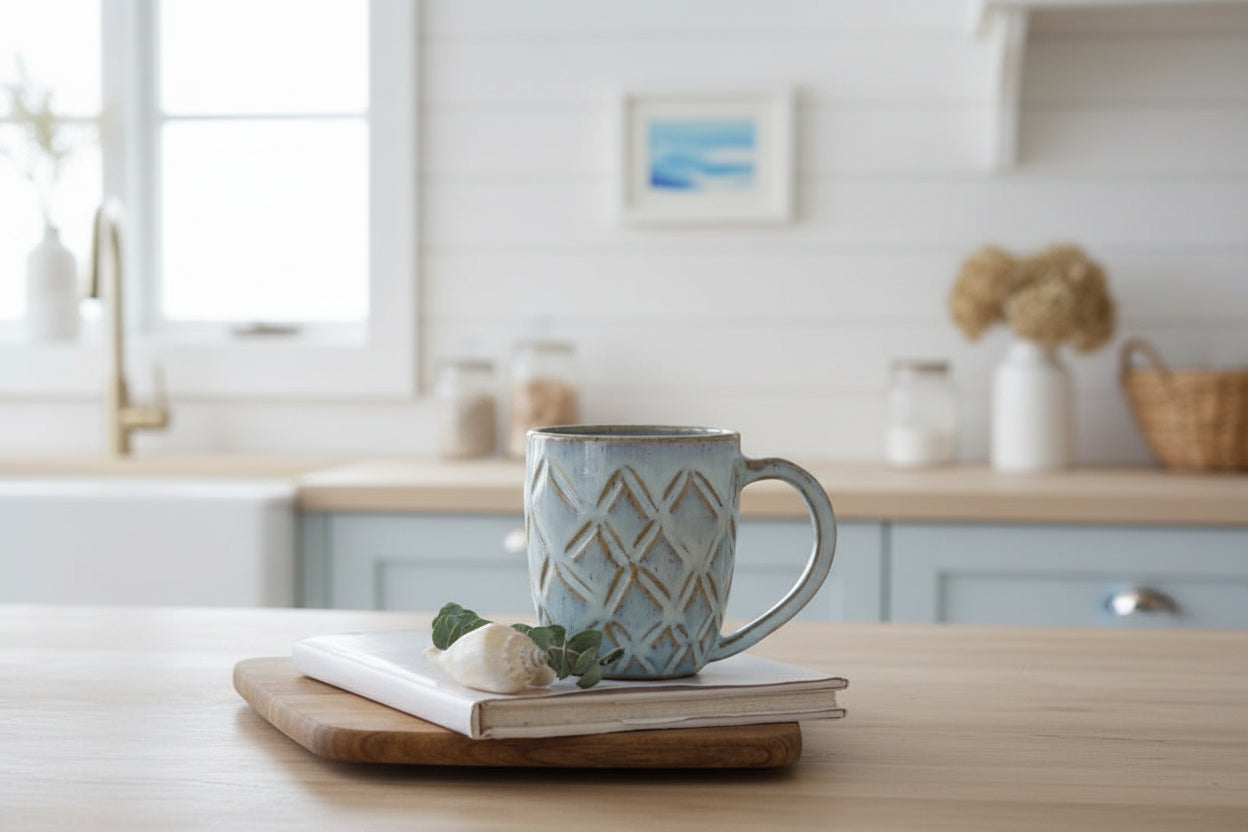 Ice blue quilted ceramic mug