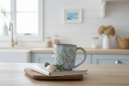 Ice blue quilted ceramic mug