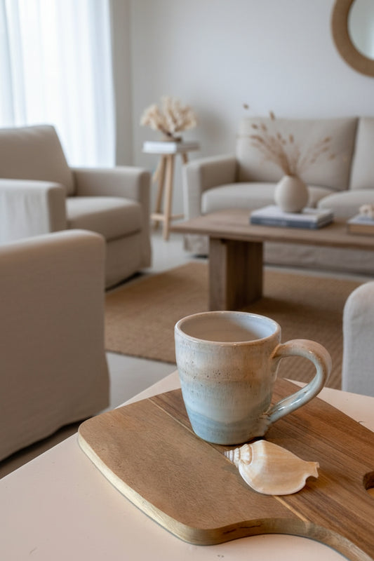 Sandy beige and blue ceramic mug