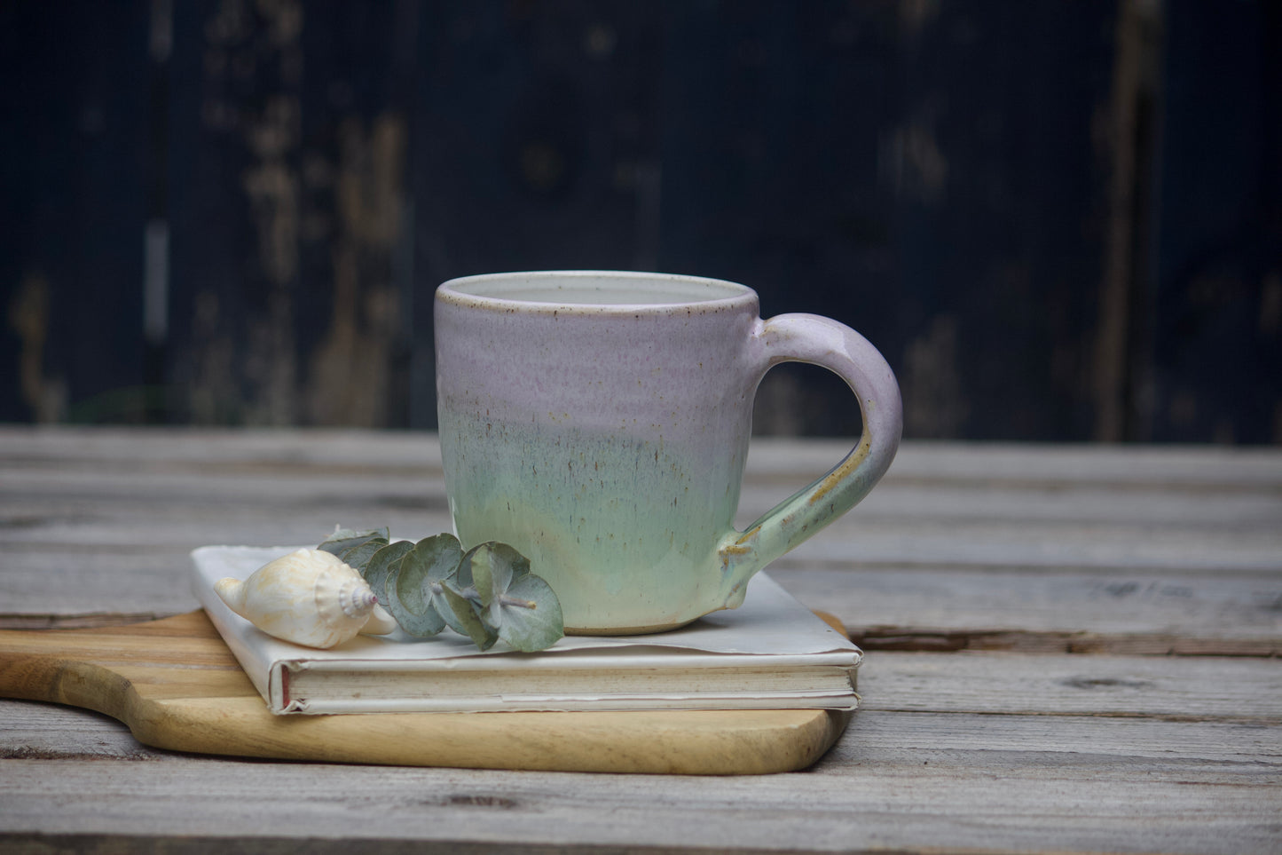 Green and lilac ceramic mug