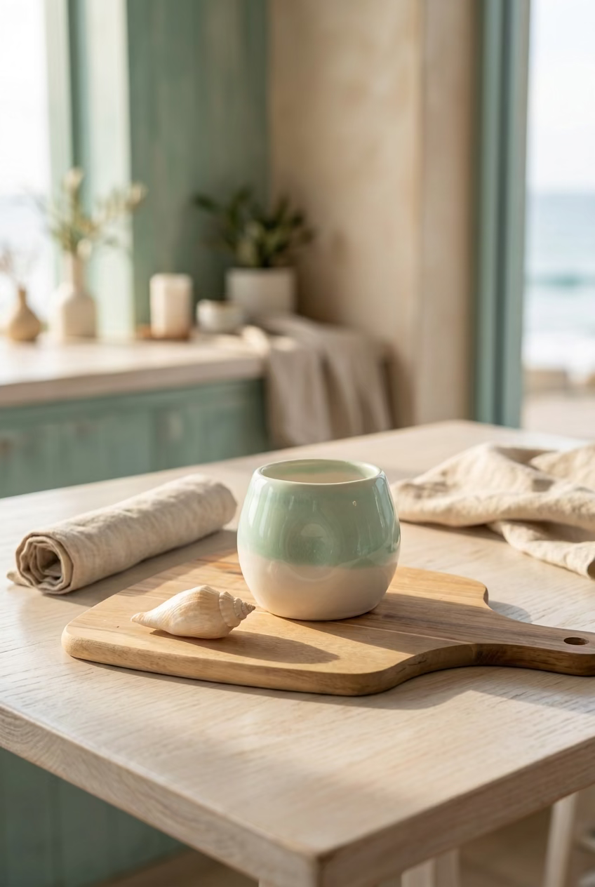 Aqua handmade ceramic cup on wooden board 