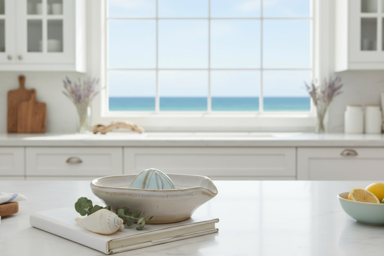 Australian handmade ceramic juicer in light blue and beige - Veradee Designs