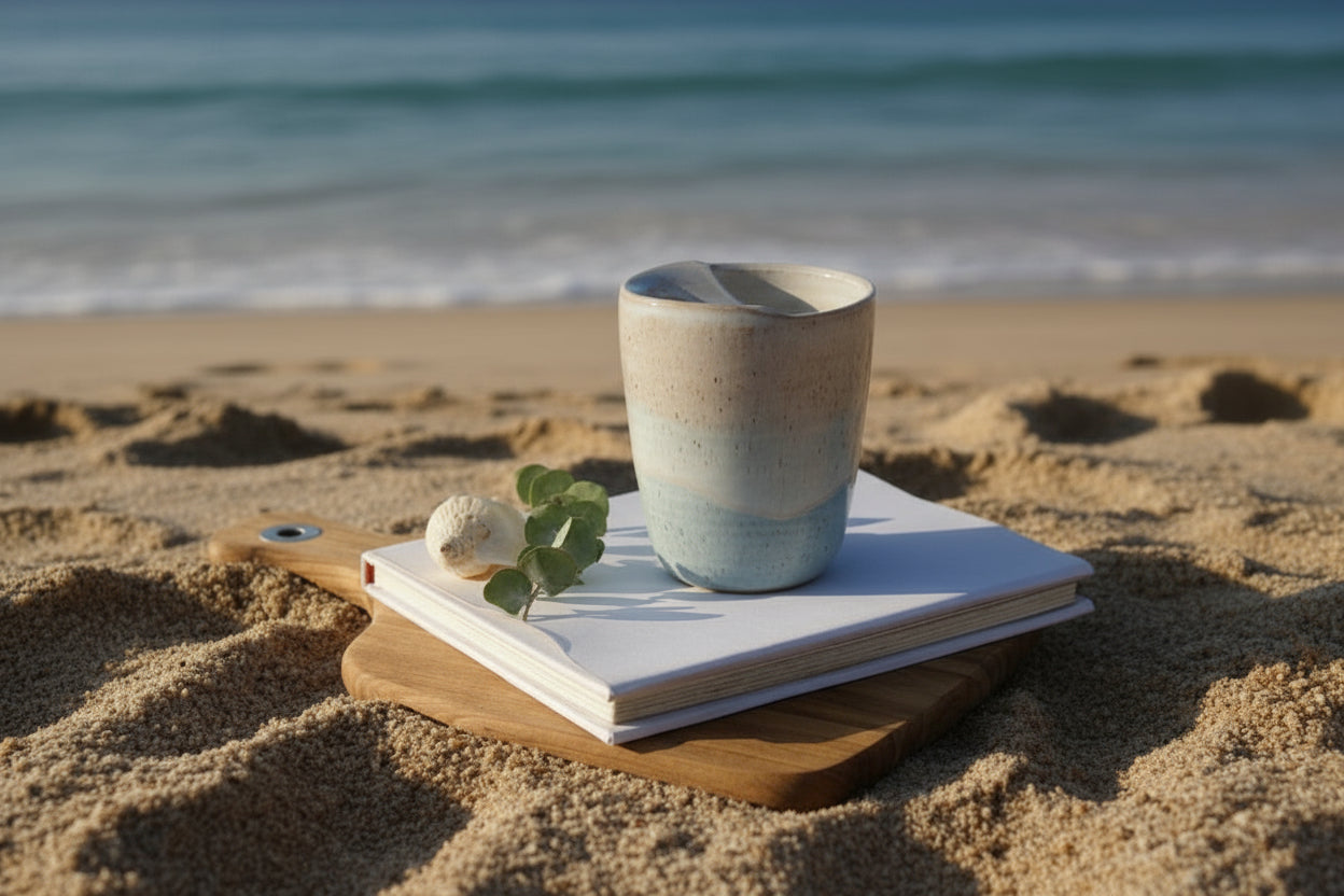australian handmade ceramic travel mug with a mix of beige and blue colors, placed on a white notebook, accompanied by a small decorative item and a leaf on a wooden surface.