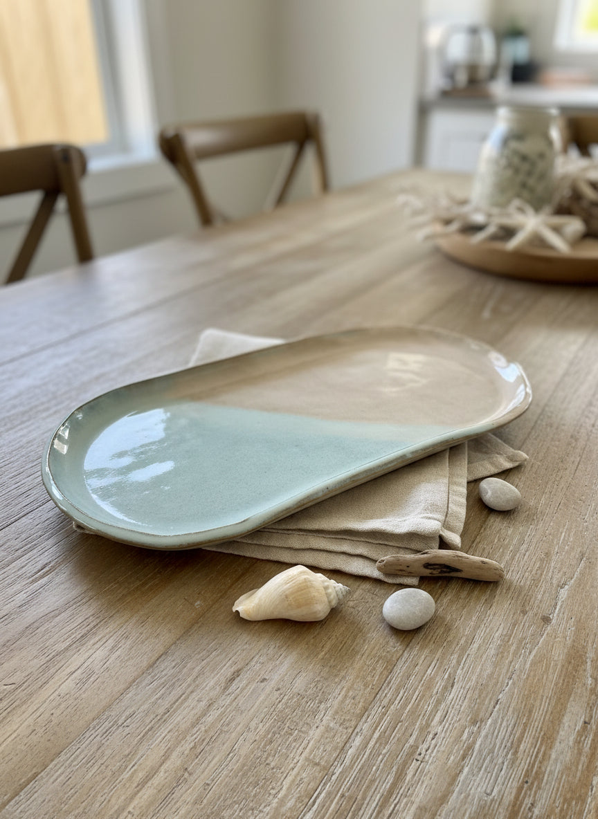 Sandy beige and blue handmade ceramic platter