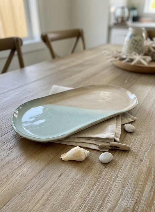 Sandy beige and blue handmade ceramic platter