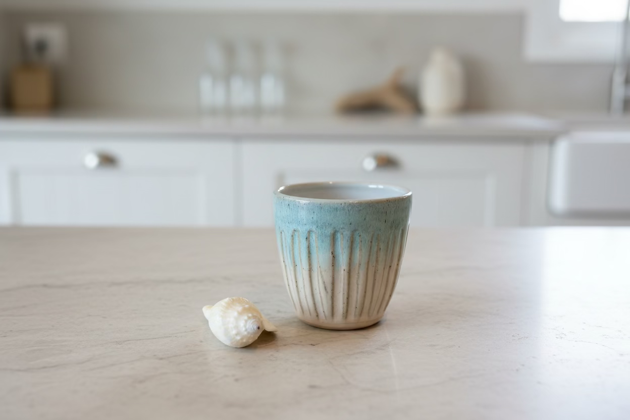 Sand beige and blue fluted cups