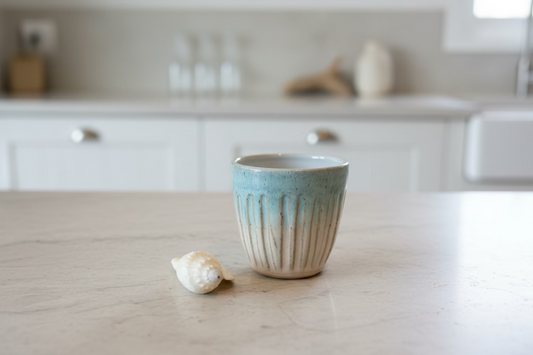 Sand beige and blue fluted cups