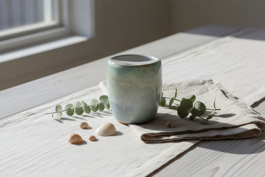 A ceramic travel mug with a mix of green and blue colors, placed on a white notebook, accompanied by a small decorative item and a leaf on a wooden surface.