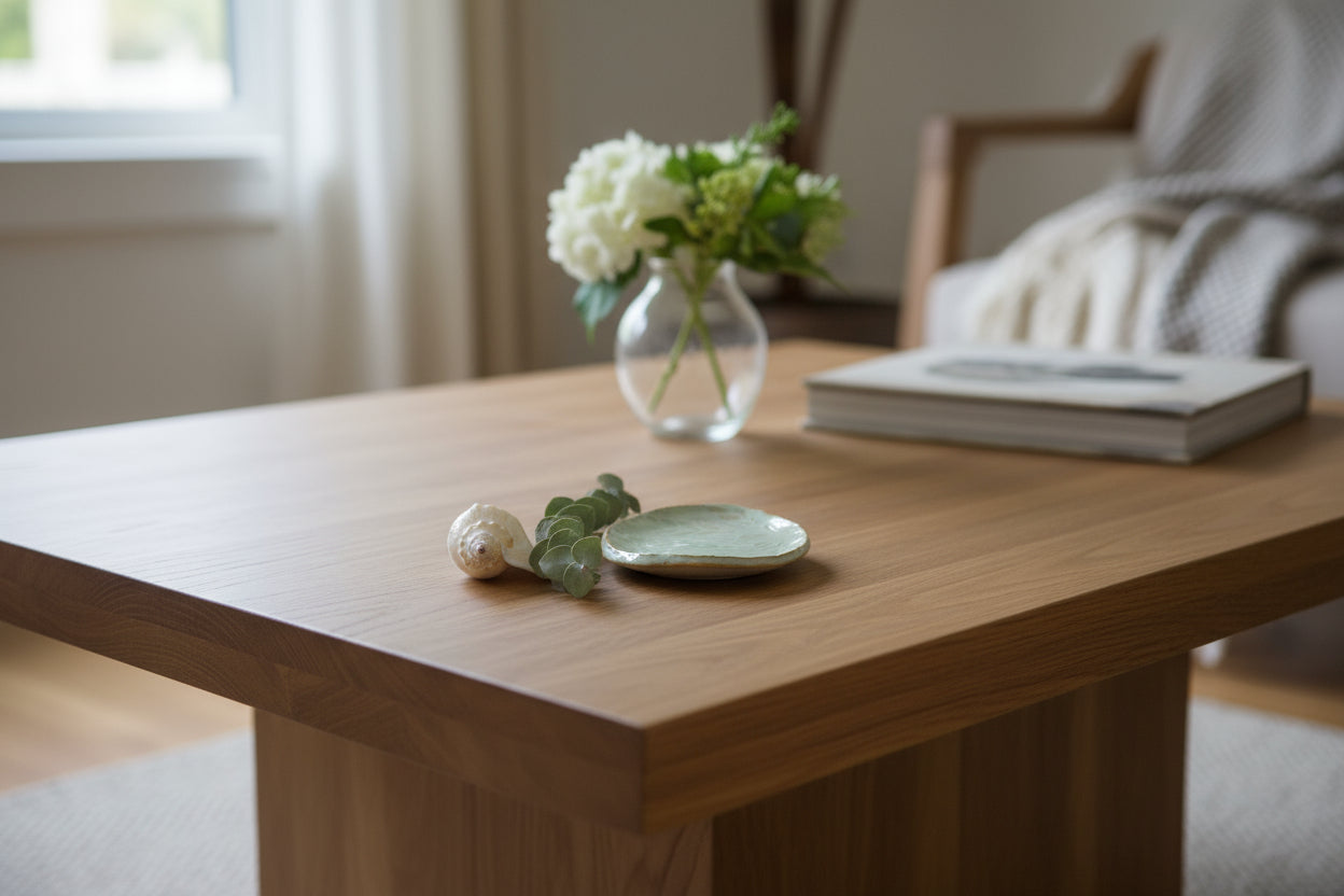 A green oval ceramic trinket plate with a floral pattern, displayed on a white book on top of a wooden board.