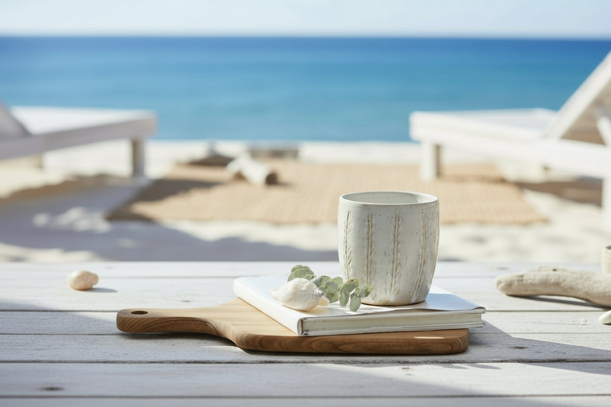 Handmade Australian Ceramic mug with foxtail grass design in neutral tones