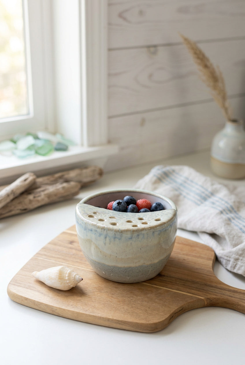 Handcrafted ceramic colander berry bowl
