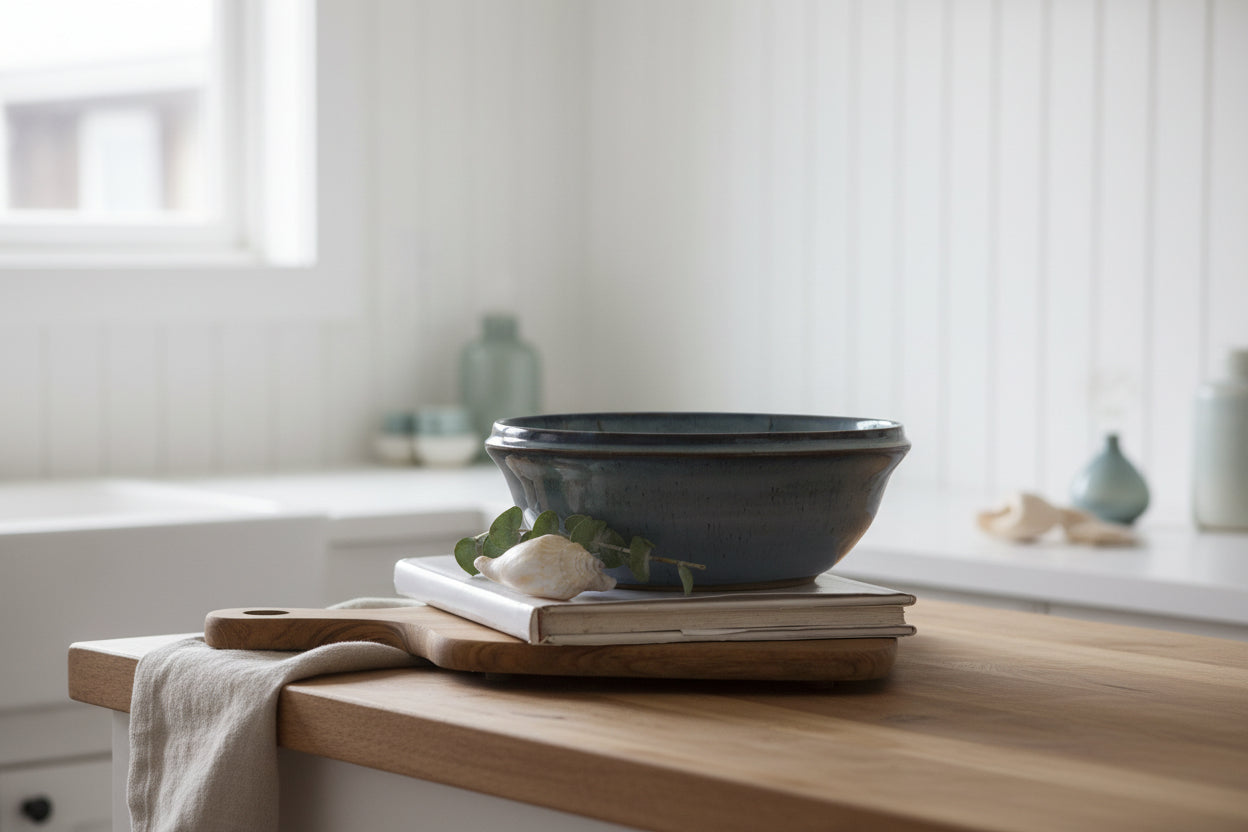 Grey blue speckled ceramic soup bowl