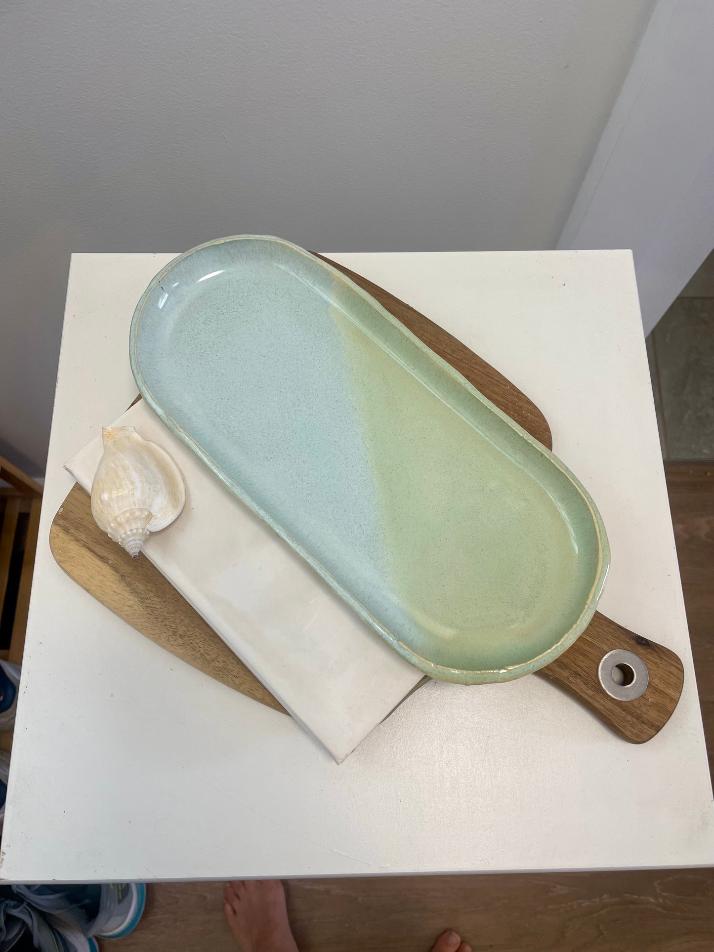 Light blue and green ceramic oblong platter