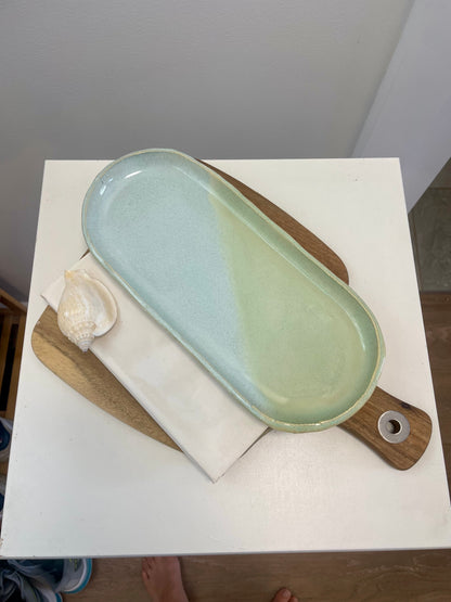 Light blue and green ceramic oblong platter
