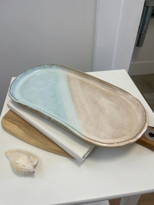 Sandy beige and blue handmade ceramic platter