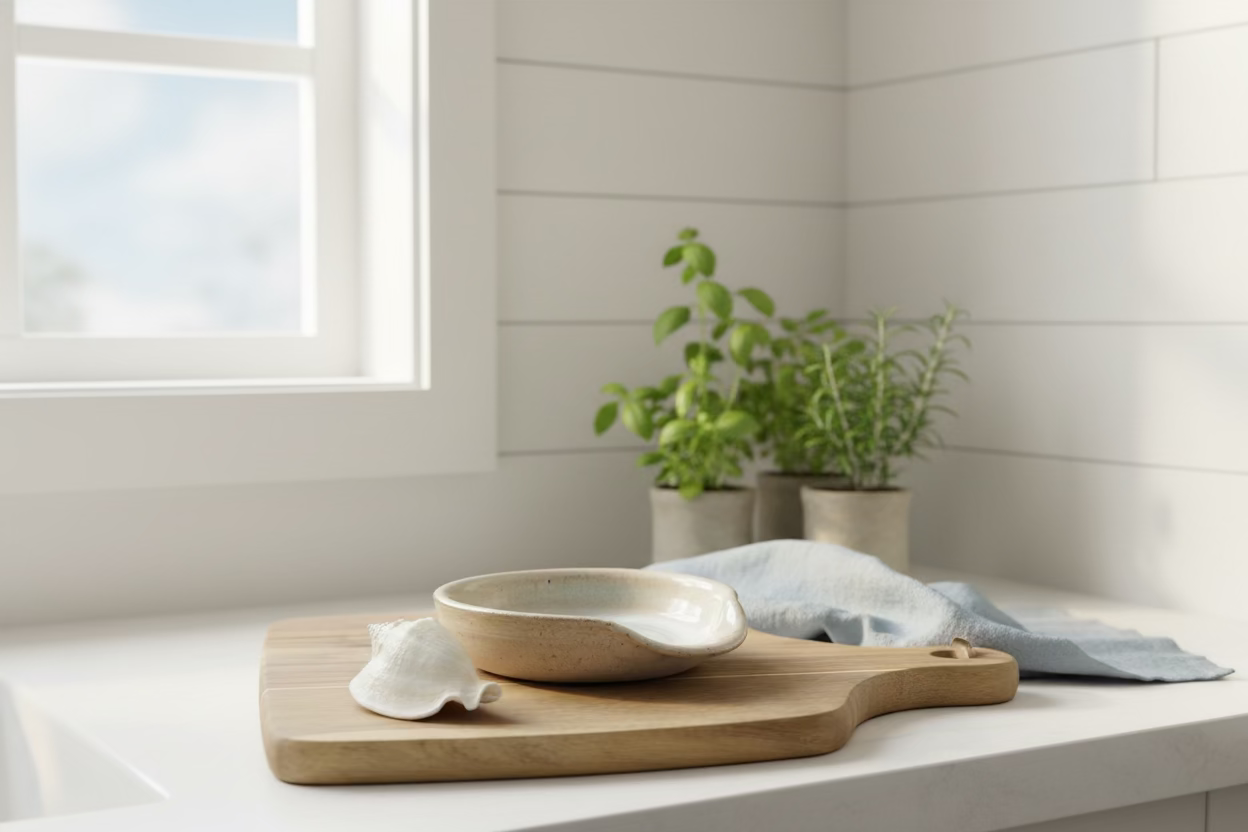 Ceramic spoon rest with spiral design on a wooden board with a shell beside it against a gray background