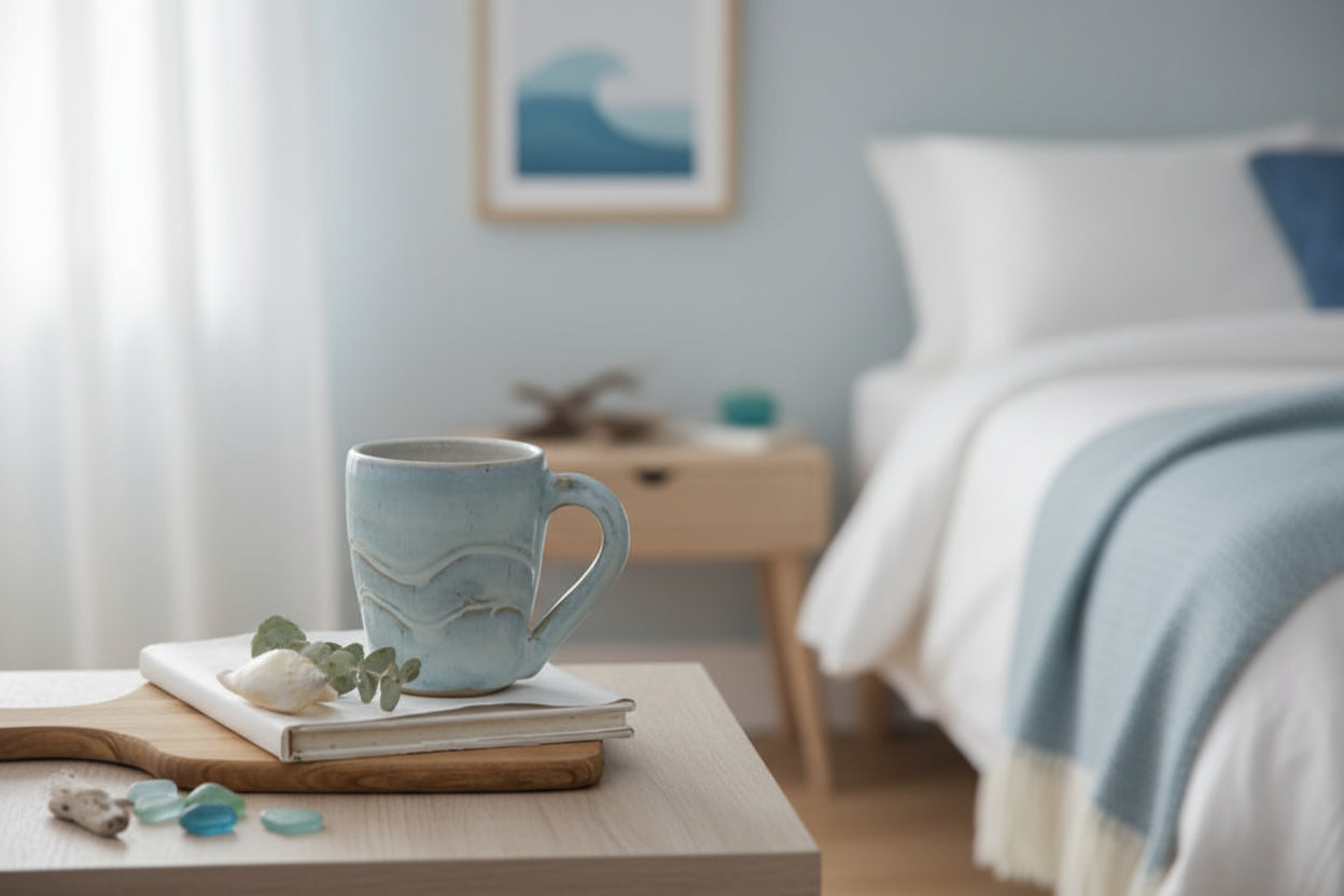 A baby blue ceramic cup with a carved wave design, placed on a wooden surface.