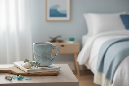 A baby blue ceramic cup with a carved wave design, placed on a wooden surface.