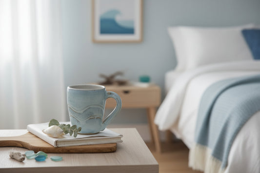 A baby blue ceramic cup with a carved wave design, placed on a wooden surface.