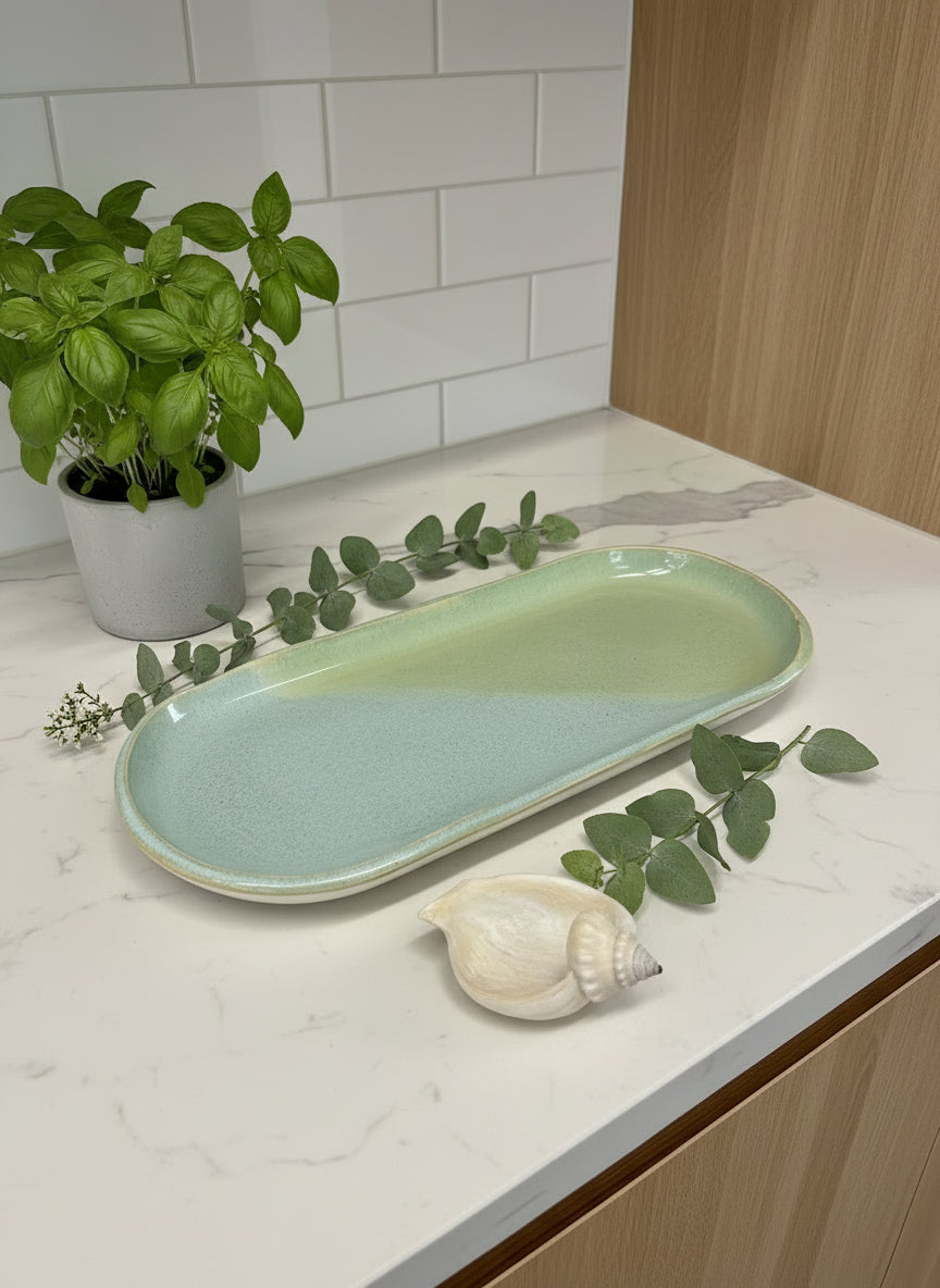Light blue and green ceramic oblong platter