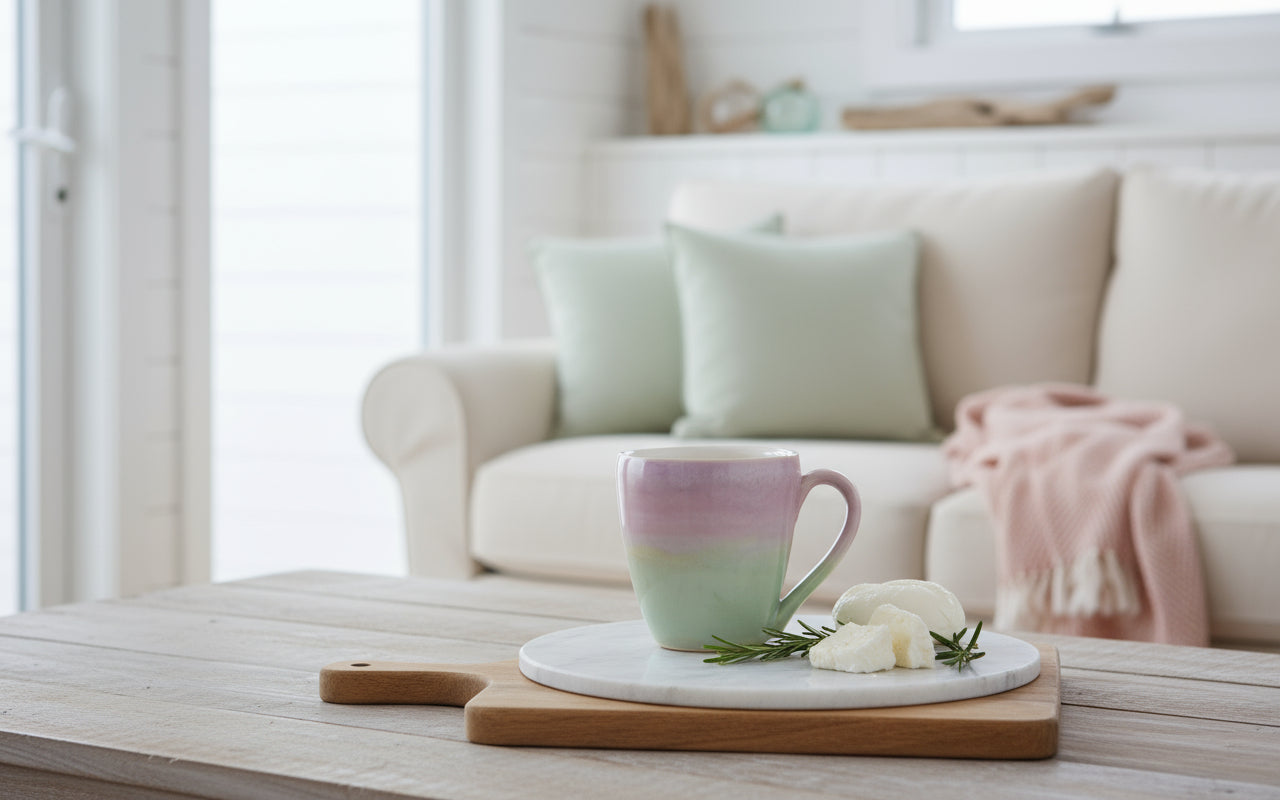 Australian handmade ceramic pastel cup with pink on the top and green on the bottom, placed on a wooden surface with a book and a shell beside it.