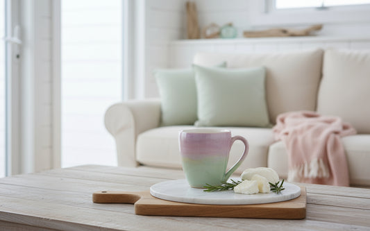 Australian handmade ceramic pastel cup with pink on the top and green on the bottom, placed on a wooden surface with a book and a shell beside it.