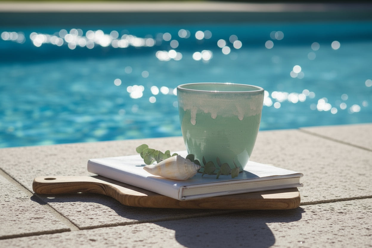 A turquoise ceramic cup with a handleless design, placed on a wooden board next to a wooden notebook and a shell, with a black background.