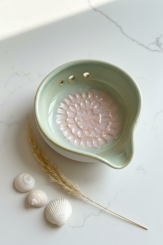 Ceramic grater/zester bowl and herb stripper with textured interior on a wooden surface