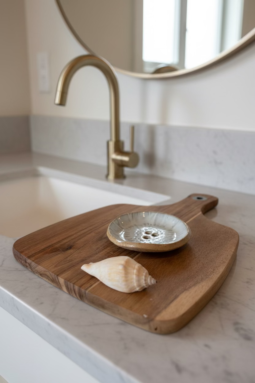 Wooden cutting board with a ceramic dish and shell on a beige surface