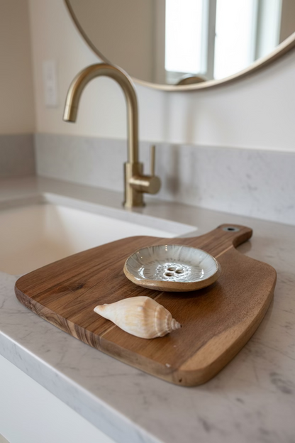 Wooden cutting board with a ceramic dish and shell on a beige surface