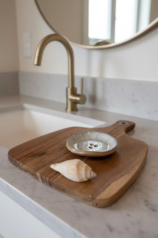 Wooden cutting board with a ceramic dish and shell on a beige surface