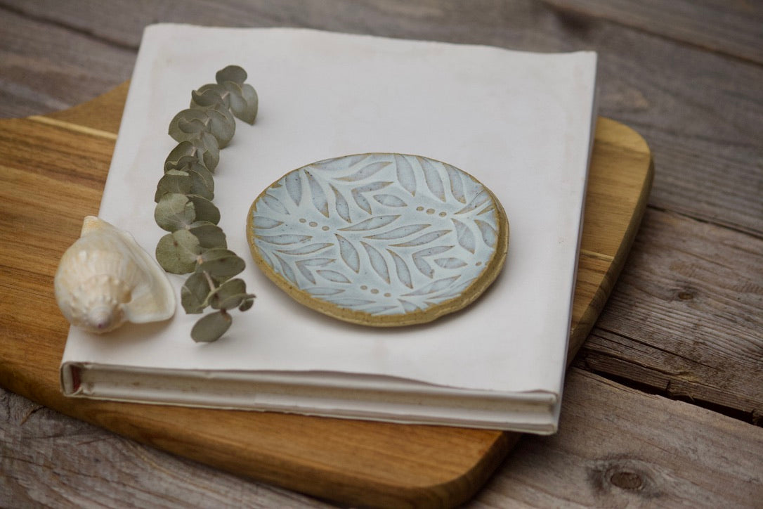 blue leaf ceramic trinket plate 