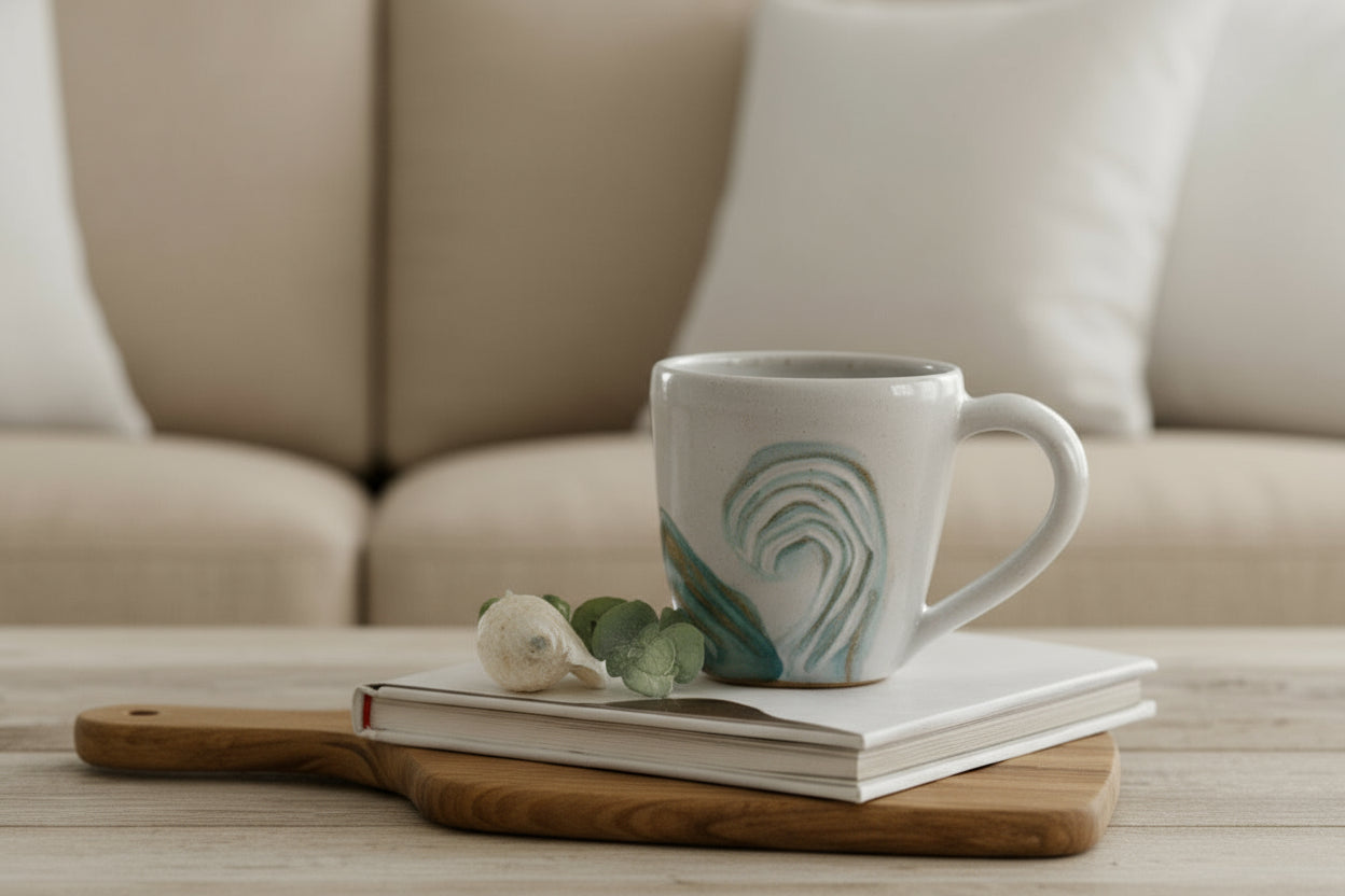 A coastal wave design Australian handmade ceramic mug, featuring light blue and turquoise colours on a white background, placed on a wooden surface.