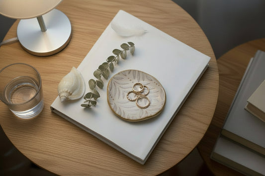 A round beige leaf ceramic trinket plate with a natural leaf carving design, displayed on a wooden surface, accompanied by a wooden box and some dried flowers.